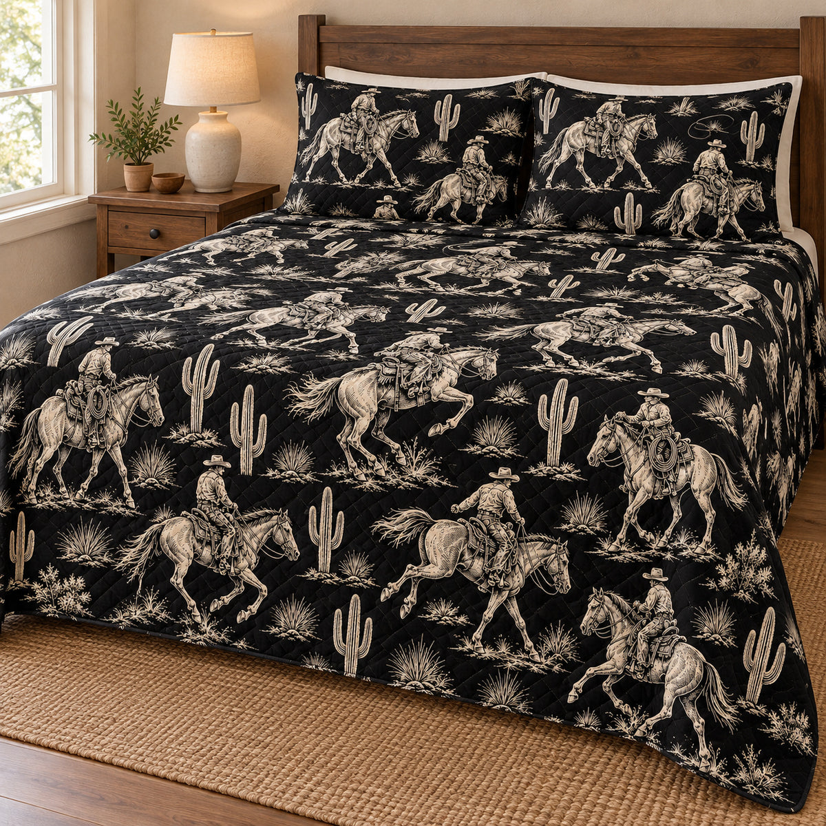 Midnight Ranch Cowboy quilt set, ivory cowboy horse and cactus print on black – hero; AI-styled mockup