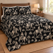 Midnight Ranch Cowboy quilt set, ivory cowboy horse and cactus print on black – opposite angle; AI-styled mockup