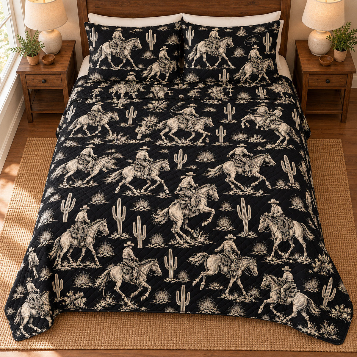 Midnight Ranch Cowboy quilt set, ivory cowboy horse and cactus print on black – overhead; AI-styled mockup