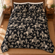 Midnight Ranch Cowboy quilt set, ivory cowboy horse and cactus print on black – overhead; AI-styled mockup