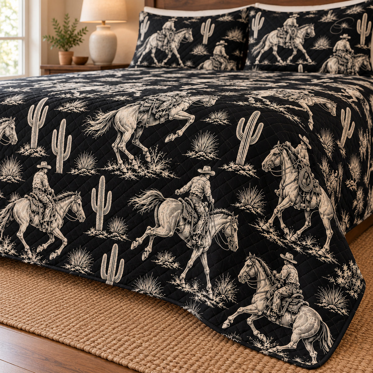 Midnight Ranch Cowboy quilt set, ivory cowboy horse and cactus print on black – print and diamond stitching detail; AI-styled mockup
