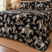Midnight Ranch Cowboy quilt set, ivory cowboy horse and cactus print on black – print and diamond stitching detail; AI-styled mockup