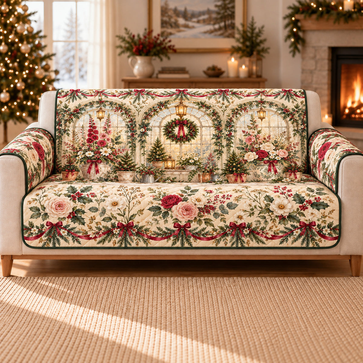 Cottage Garden Sofa Cover, Christmas Conservatory, Gift for Garden Lovers on a sofa, AI-generated mockup