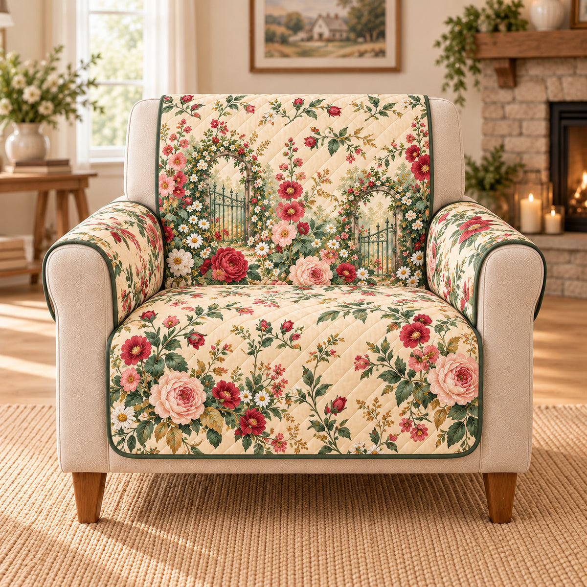 Cottage Garden Sofa Cover, Continuous Floral Scroll, Gift for Garden Lovers on an armchair, AI-generated mockup