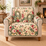 Cottage Garden Sofa Cover, Continuous Floral Scroll, Gift for Garden Lovers on an armchair, AI-generated mockup