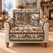 Woodland Wildlife Sofa Cover, Christmas Trail Lanterns, Gift for Nature Lovers on an armchair, AI-generated mockup