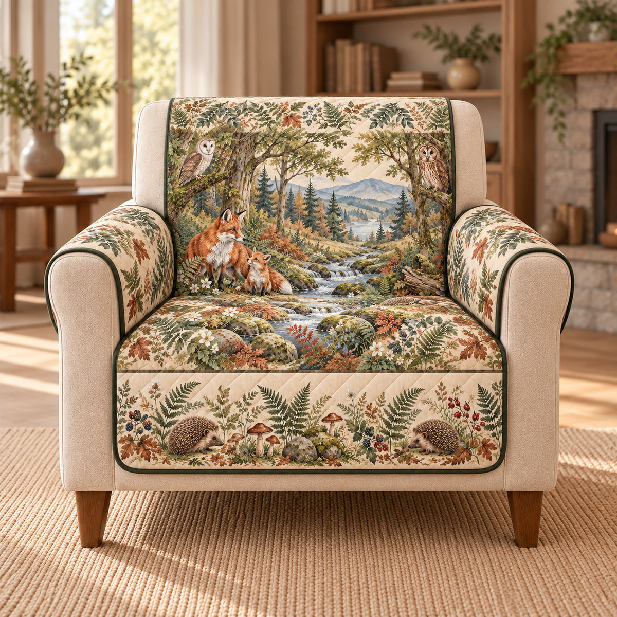 Woodland Wildlife Sofa Cover, Forest Habitat Panorama, Gift for Animal Lovers on an armchair, AI-generated mockup