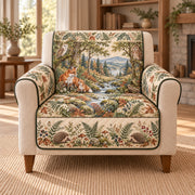 Woodland Wildlife Sofa Cover, Forest Habitat Panorama, Gift for Animal Lovers on an armchair, AI-generated mockup
