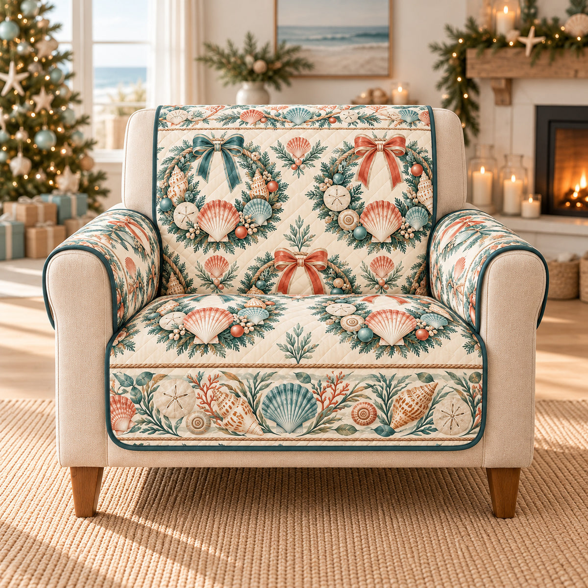 Coastal Seashell Sofa Cover, Christmas Wreaths, Gift for Beach Lovers on an armchair, AI-generated mockup