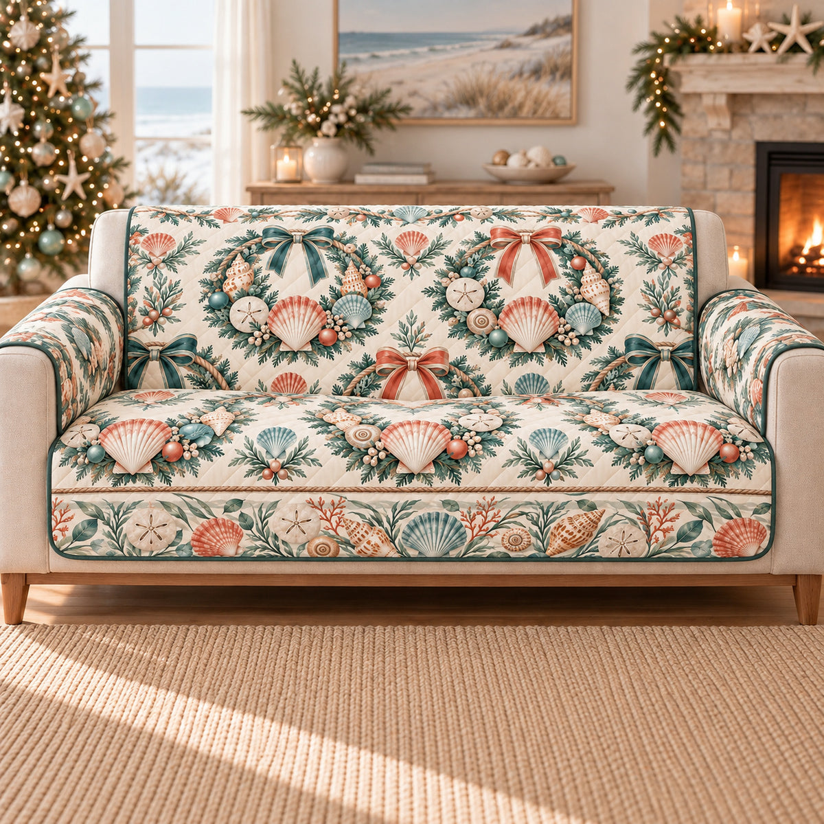 Coastal Seashell Sofa Cover, Christmas Wreaths, Gift for Beach Lovers on a sofa, AI-generated mockup