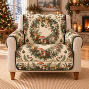 Mushroom Sofa Cover, Christmas Woodland Wreaths, Gift for Foraging Lovers on an armchair, AI-generated mockup