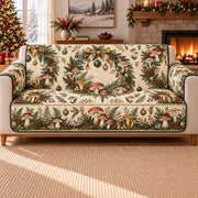 Mushroom Sofa Cover, Christmas Woodland Wreaths, Gift for Foraging Lovers on a sofa, AI-generated mockup