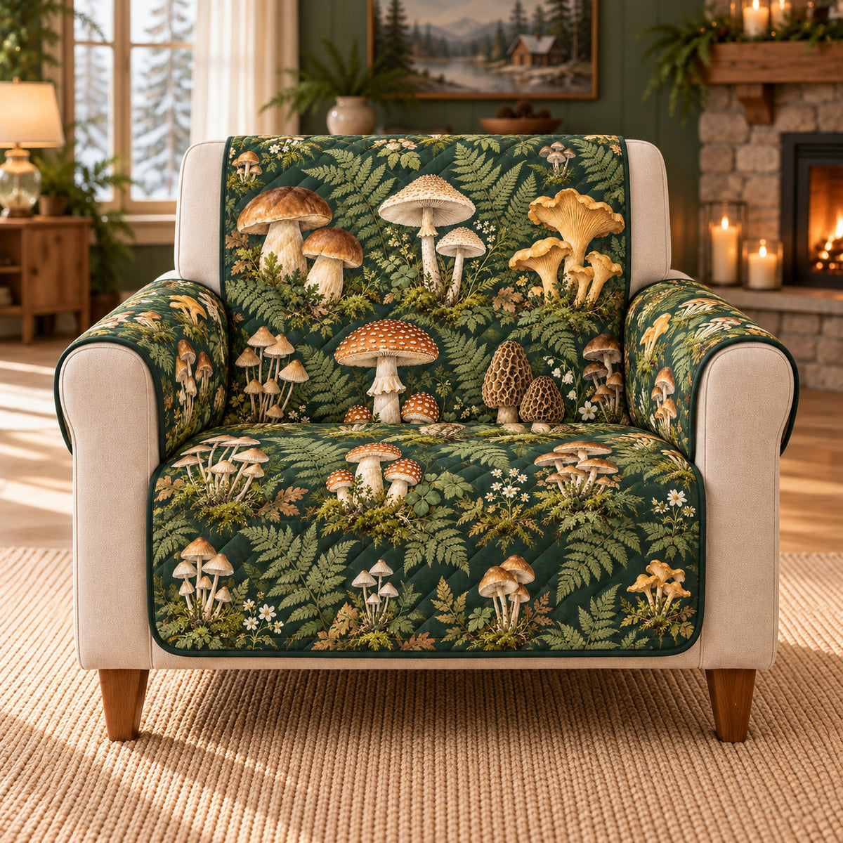 Mushroom Sofa Cover, Botanical Field Studies, Gift for Foraging Lovers on an armchair, AI-generated mockup