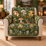 Mushroom Sofa Cover, Botanical Field Studies, Gift for Foraging Lovers on an armchair, AI-generated mockup