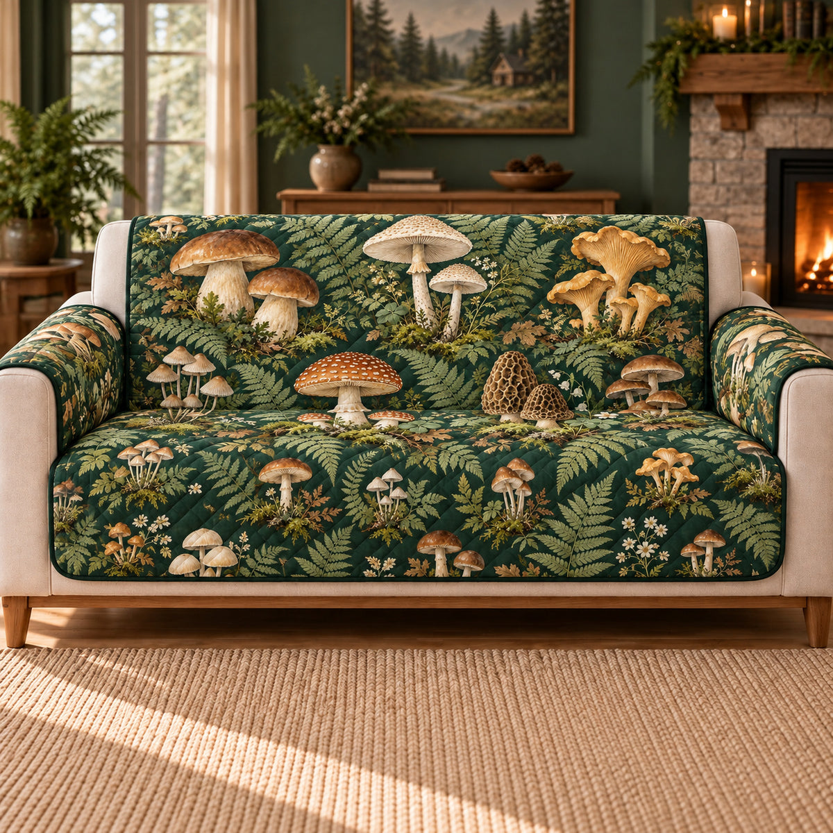 Mushroom Sofa Cover, Botanical Field Studies, Gift for Foraging Lovers on a sofa, AI-generated mockup