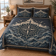 Nordic compass mountain and sea quilt set with matching pillow shams; hero styled mockup