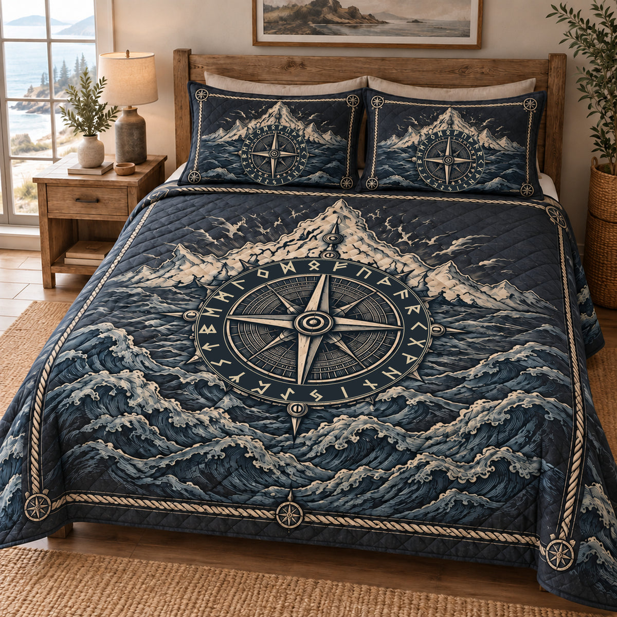 Nordic compass mountain and sea quilt set with matching pillow shams; hero styled mockup