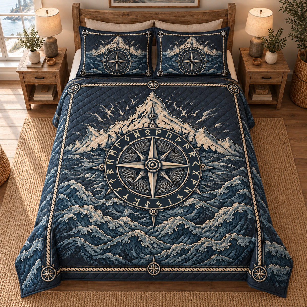 Nordic compass mountain and sea quilt set with matching pillow shams; overhead styled mockup