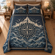 Nordic compass mountain and sea quilt set with matching pillow shams; overhead styled mockup