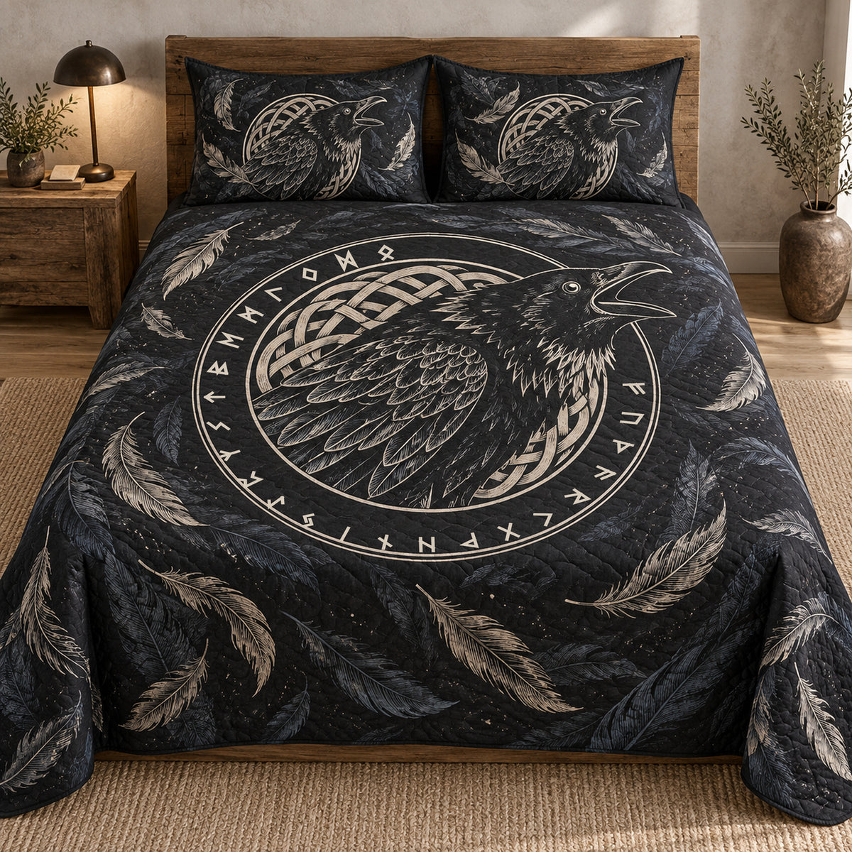 Odin raven charcoal and ivory quilt bedding set with matching printed shams, front styled mockup