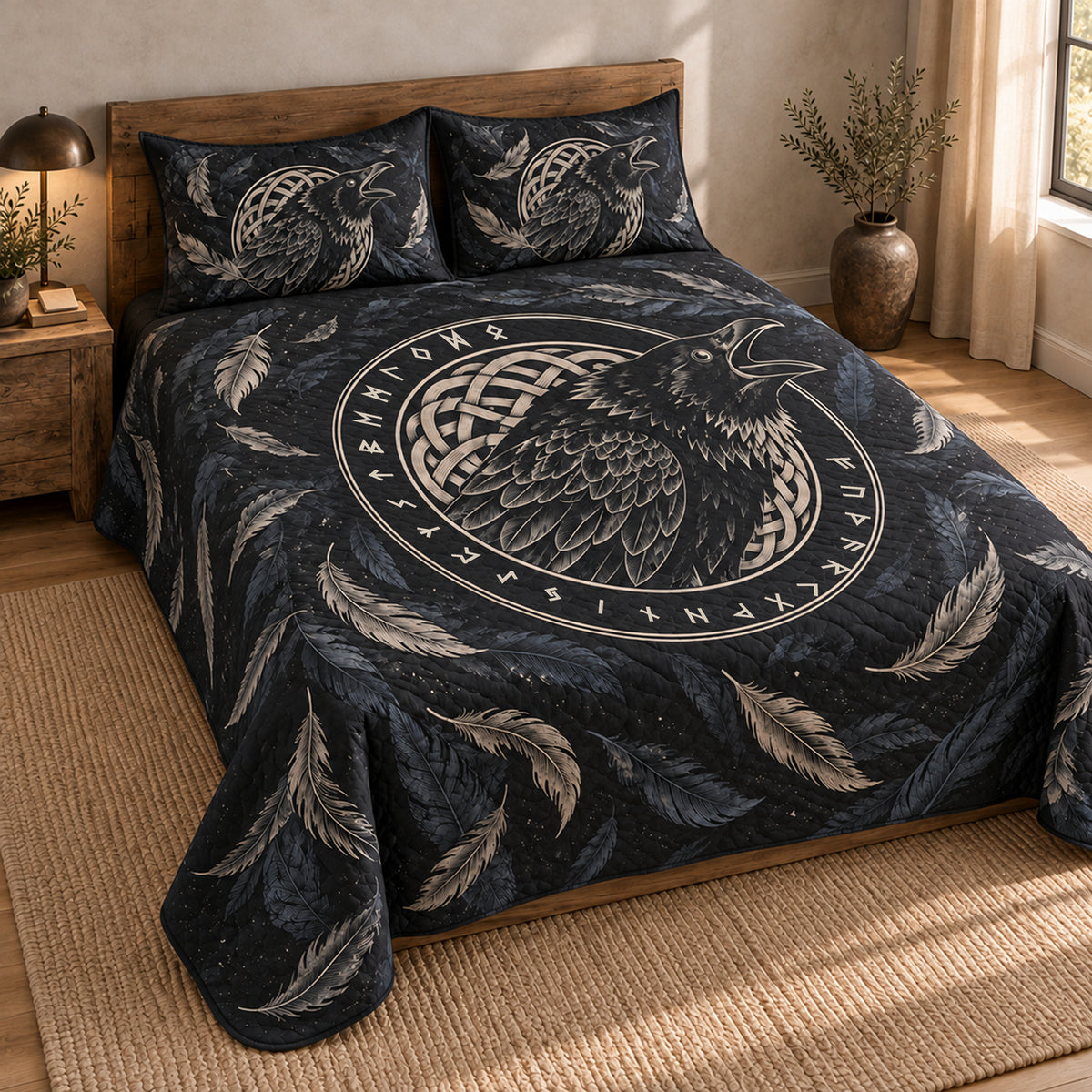 Odin raven charcoal and ivory quilt set with matching shams, left three-quarter styled mockup; Elder Futhark alphabet ring
