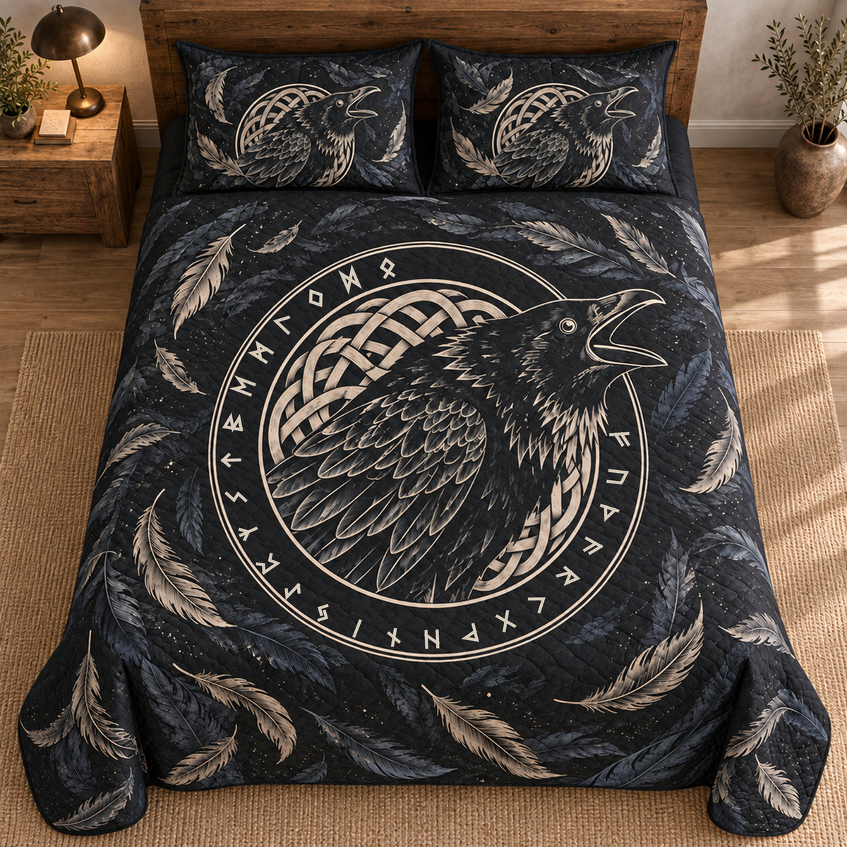 Odin raven charcoal and ivory quilt set with matching shams, overhead styled mockup; Elder Futhark alphabet ring
