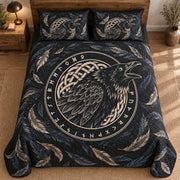 Odin raven charcoal and ivory quilt set with matching shams, overhead styled mockup; Elder Futhark alphabet ring