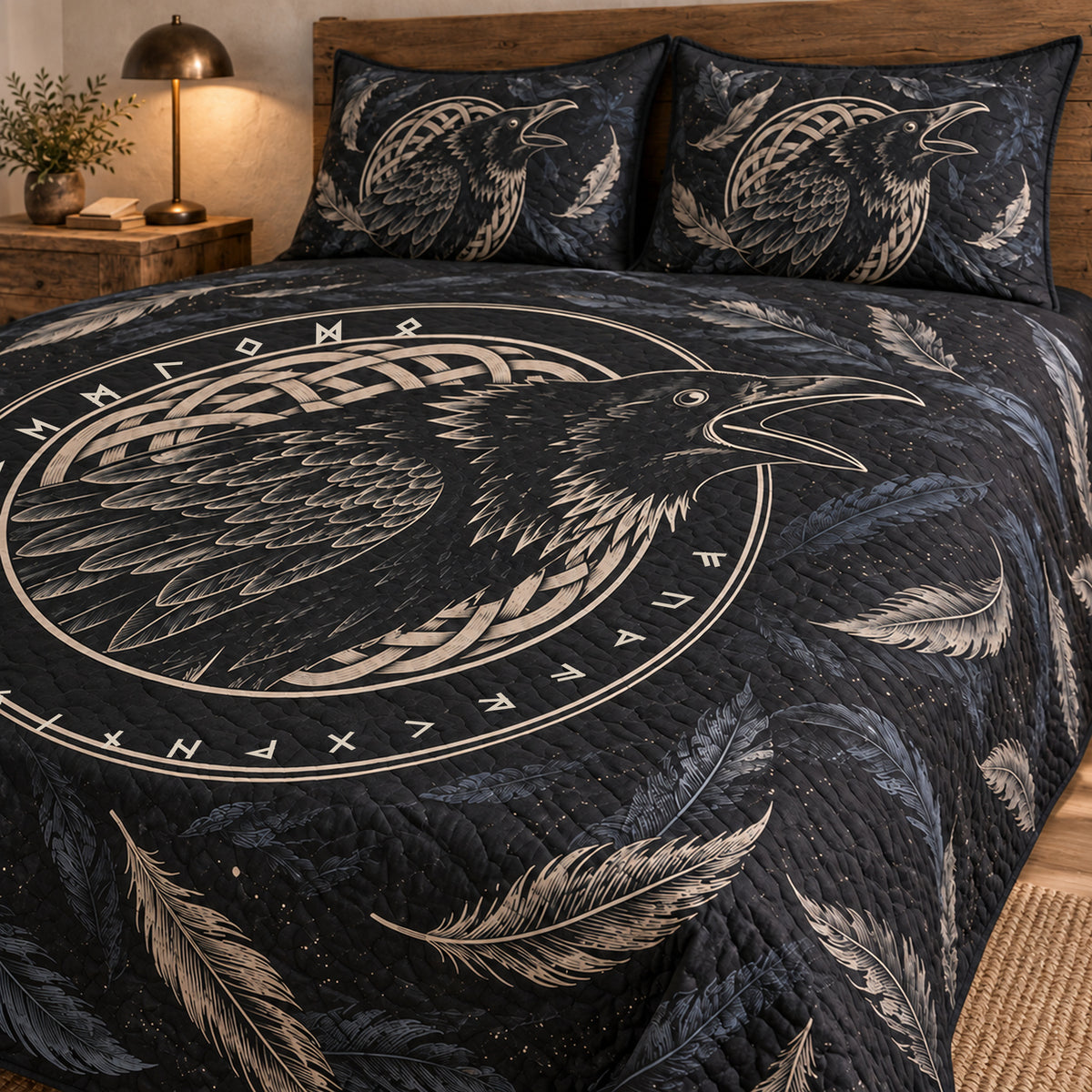 Odin raven charcoal and ivory quilt set with matching shams, close-up styled mockup; Elder Futhark alphabet ring