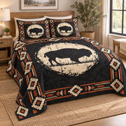Prairie Bison Moon quilt bedding set, hero view; AI-styled mockup