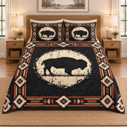 Prairie Bison Moon quilt bedding set, front view; AI-styled mockup