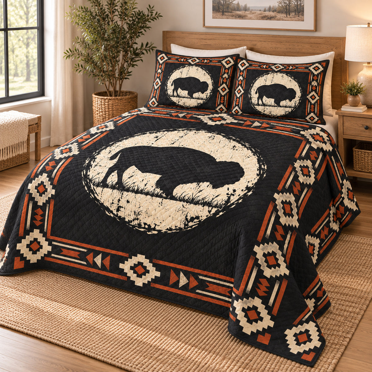 Prairie Bison Moon quilt bedding set, opposite view; AI-styled mockup