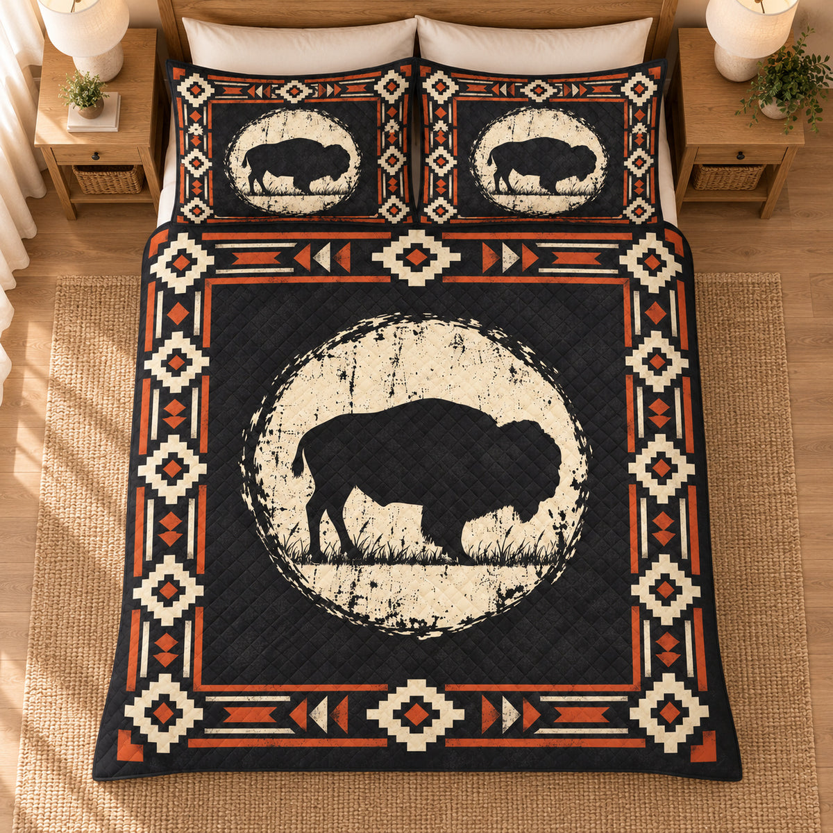 Prairie Bison Moon quilt bedding set, overhead view; AI-styled mockup