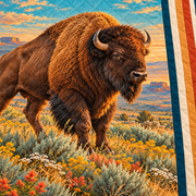Prairie Bison quilt set – detail view, illustrated bison with Southwestern striped borders