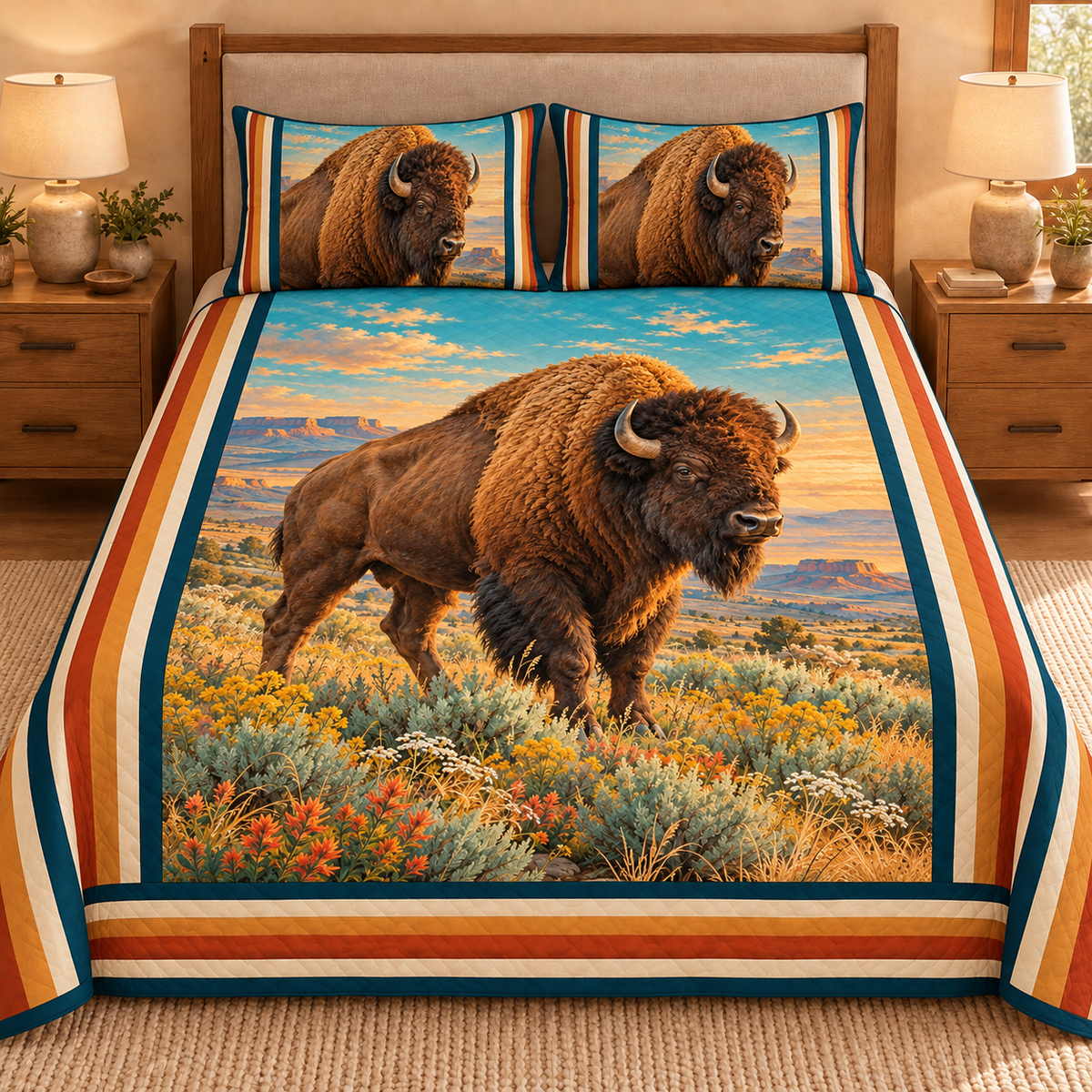 Prairie Bison quilt set – hero view, illustrated bison with Southwestern striped borders