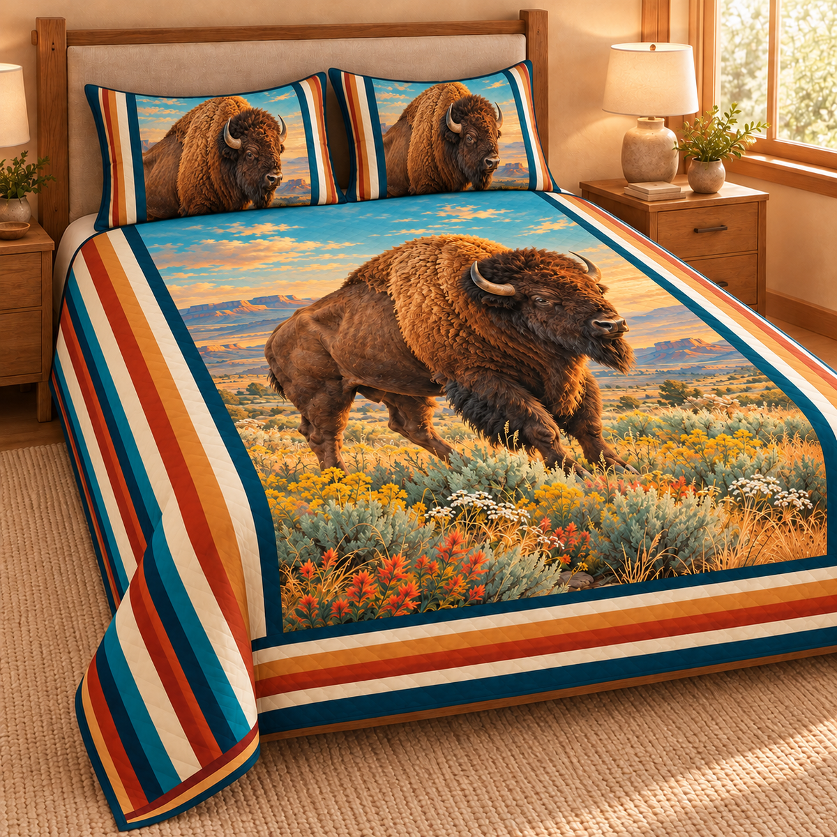 Prairie Bison quilt set – left view, illustrated bison with Southwestern striped borders