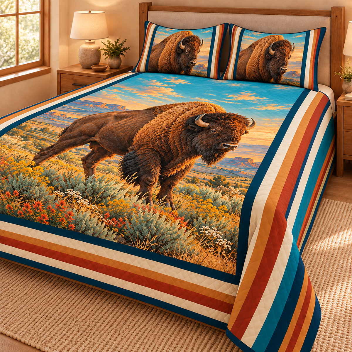 Prairie Bison quilt set – right view, illustrated bison with Southwestern striped borders