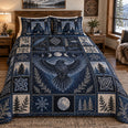 Retro Raven Patchwork Quilt Set, Navy Nordic Bedding, Gift for Raven Lovers