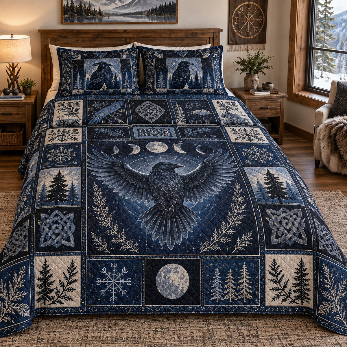Retro Raven Patchwork navy quilt bedding set with matching printed raven pillow shams, styled mockup 1
