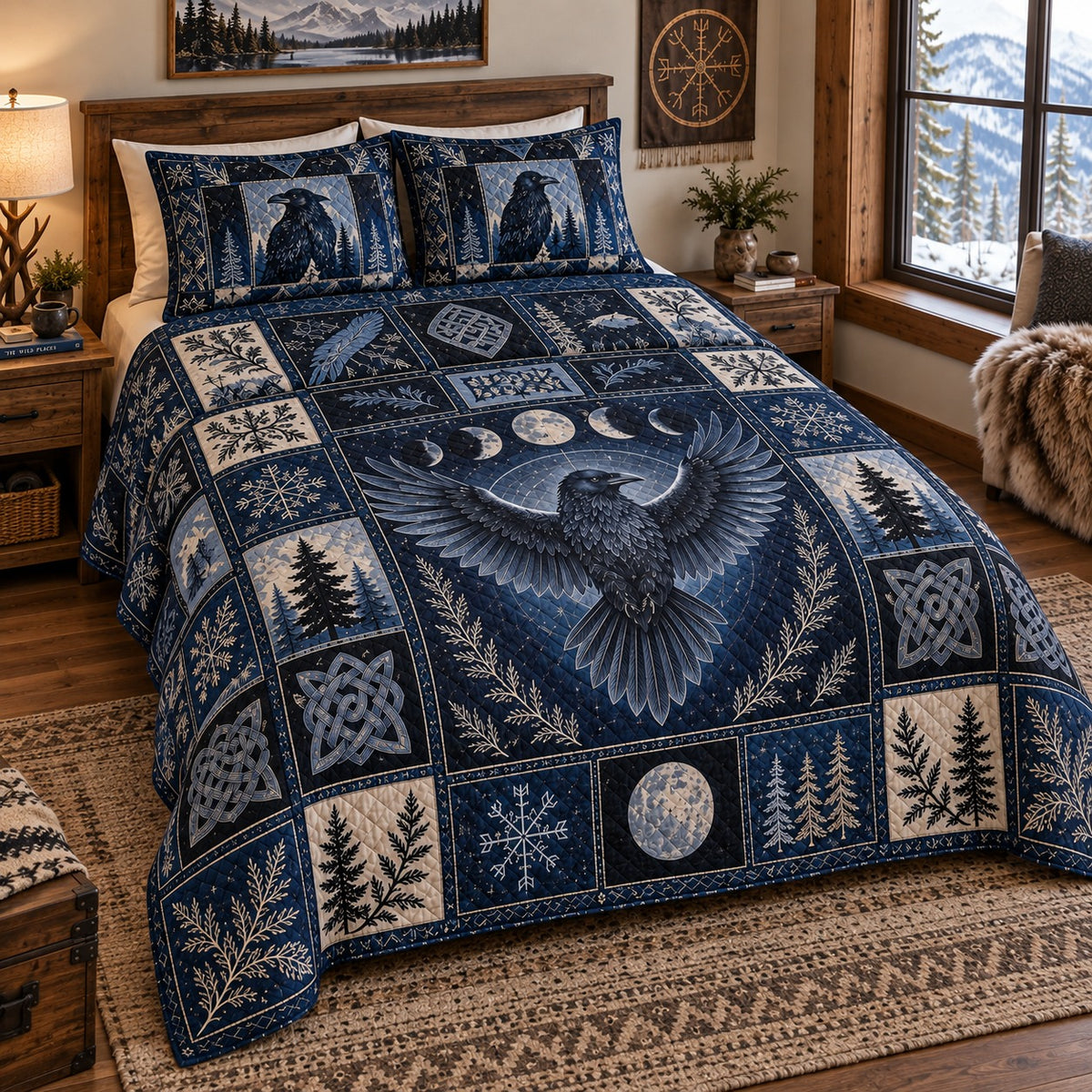 Retro Raven Patchwork navy quilt bedding set with matching printed raven pillow shams, styled mockup 2
