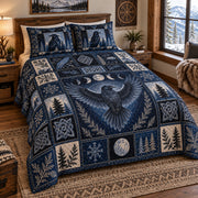 Retro Raven Patchwork navy quilt bedding set with matching printed raven pillow shams, styled mockup 2