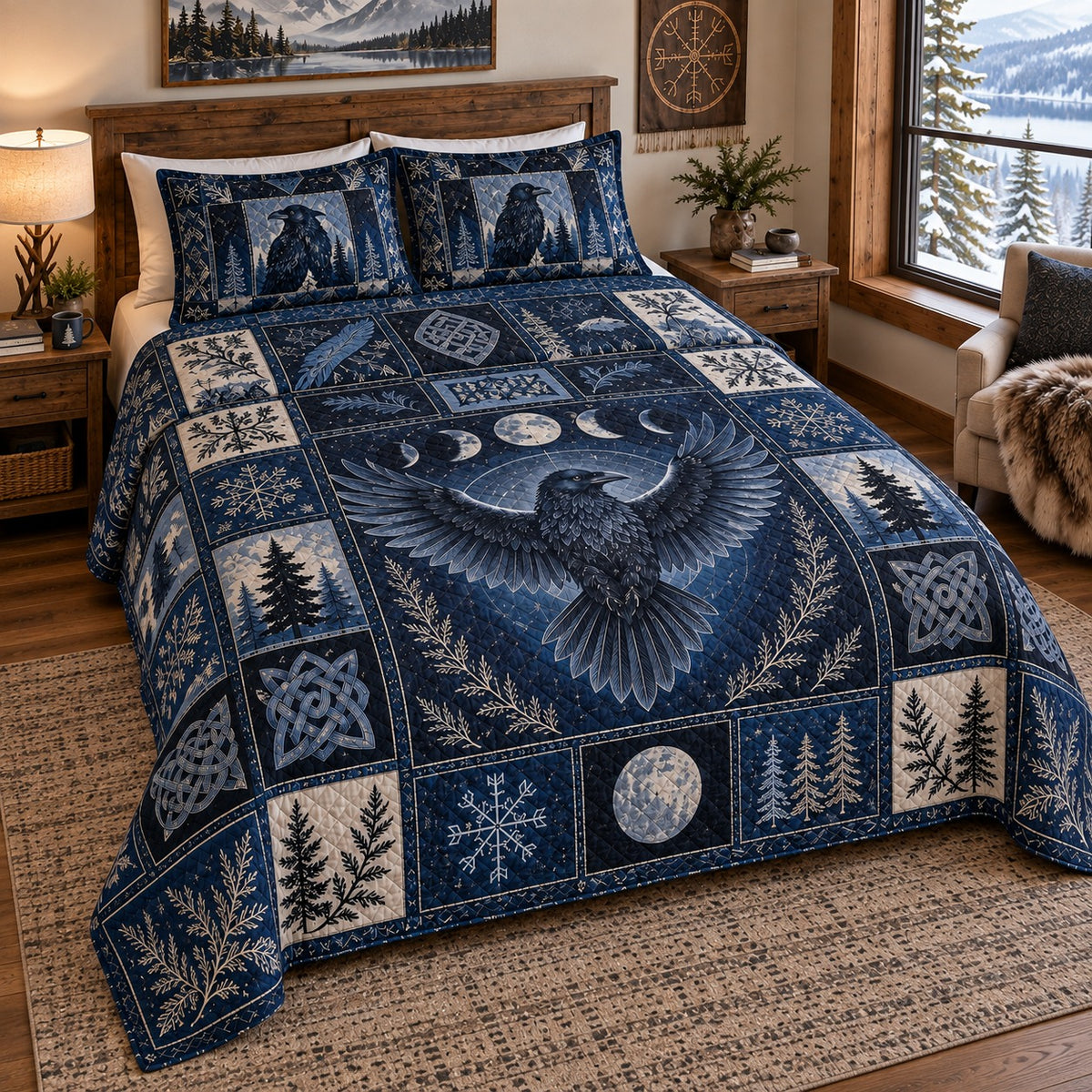 Retro Raven Patchwork navy quilt bedding set with matching printed raven pillow shams, styled mockup 3