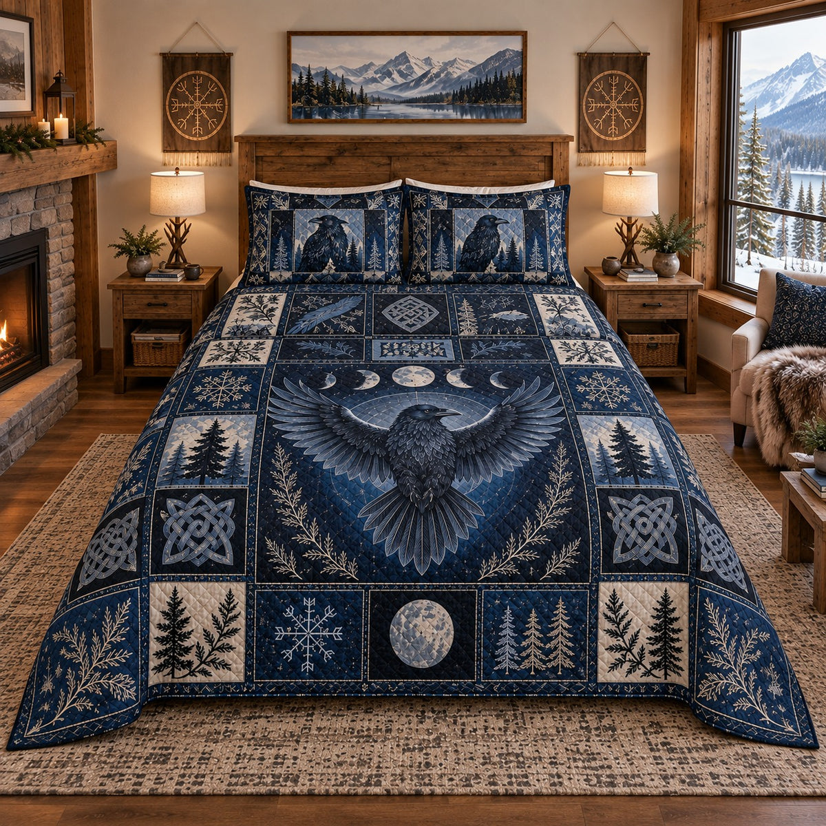 Retro Raven Patchwork navy quilt bedding set with matching printed raven pillow shams, styled mockup 4