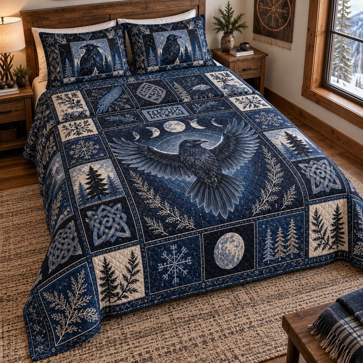 Retro Raven Patchwork navy quilt bedding set with matching printed raven pillow shams, styled mockup 5