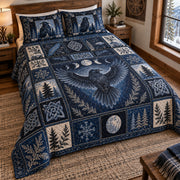 Retro Raven Patchwork navy quilt bedding set with matching printed raven pillow shams, styled mockup 5