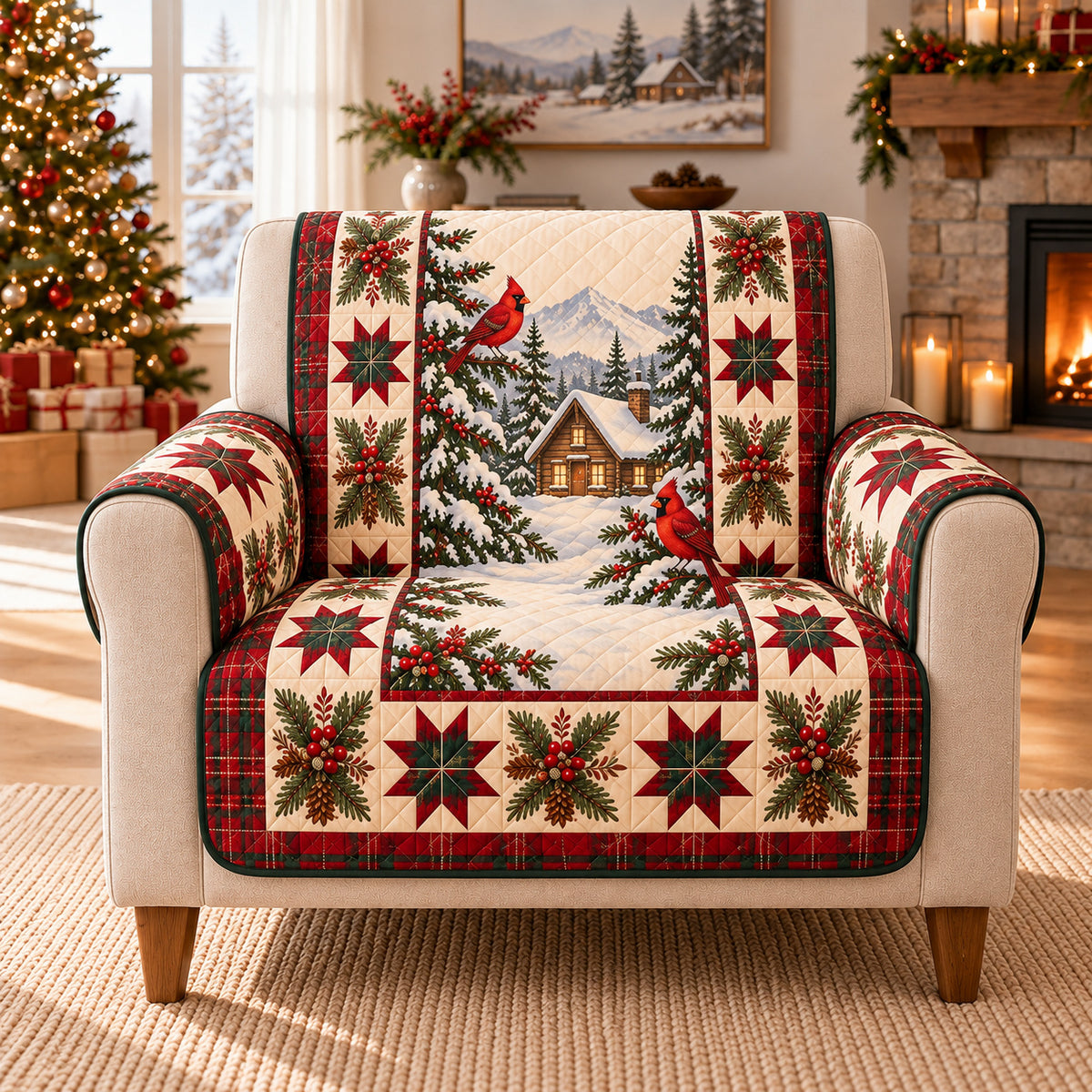 Cardinal Cabin Winter Patchwork Sofa Cover on a beige armchair, size-adapted AI-generated concept mockup