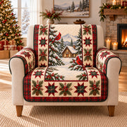 Cardinal Cabin Winter Patchwork Sofa Cover on a beige armchair, size-adapted AI-generated concept mockup