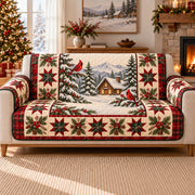 Cardinal Cabin Winter Patchwork Sofa Cover on a beige sofa, AI-generated concept mockup