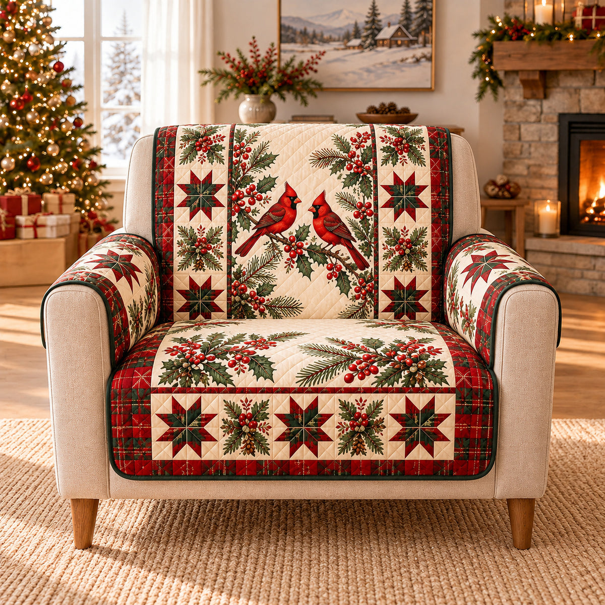 Cardinal Holly Star Patchwork Sofa Cover on a beige armchair, size-adapted AI-generated concept mockup