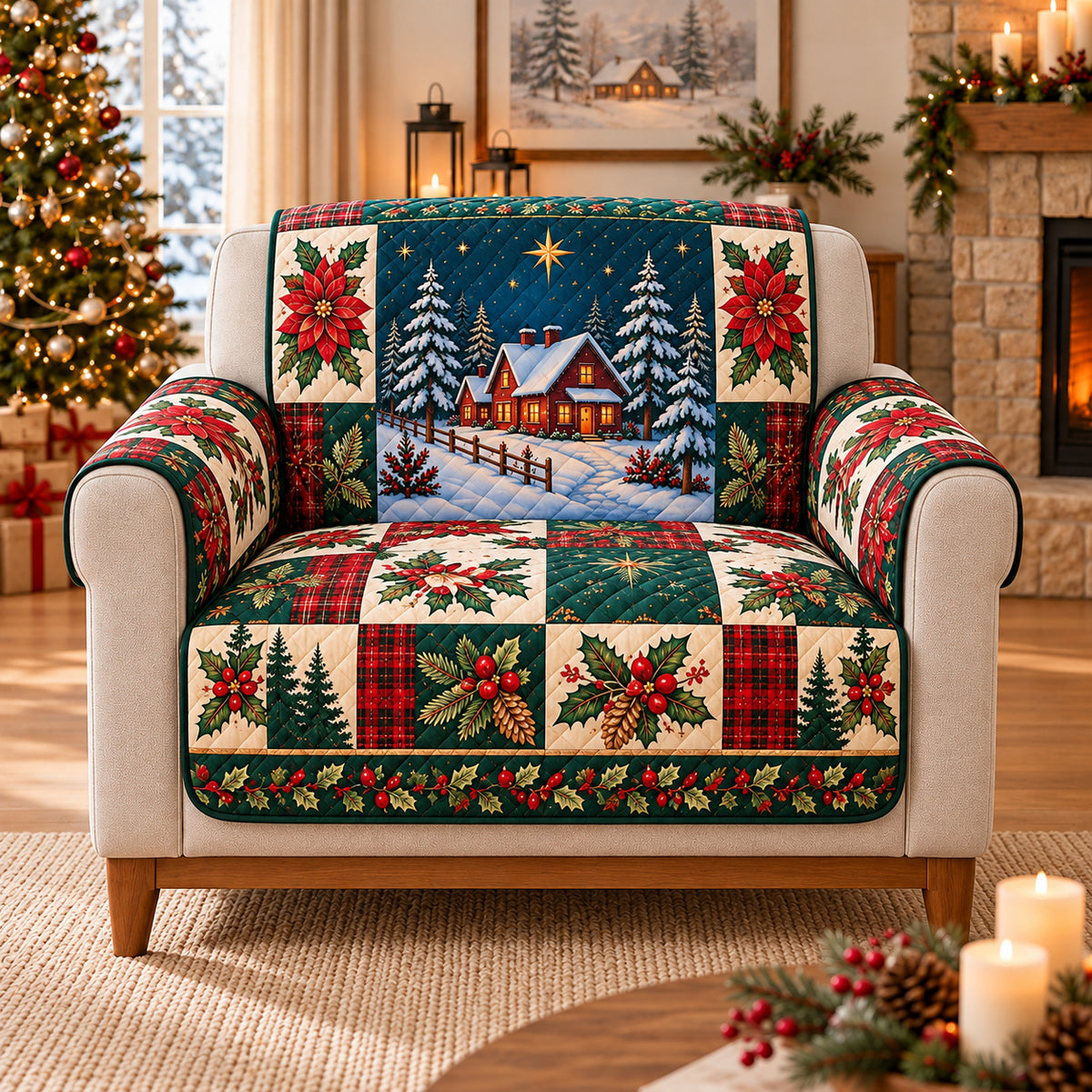 Poinsettia Cabin Evening Sofa Cover on a beige armchair, size-adapted AI-generated concept mockup