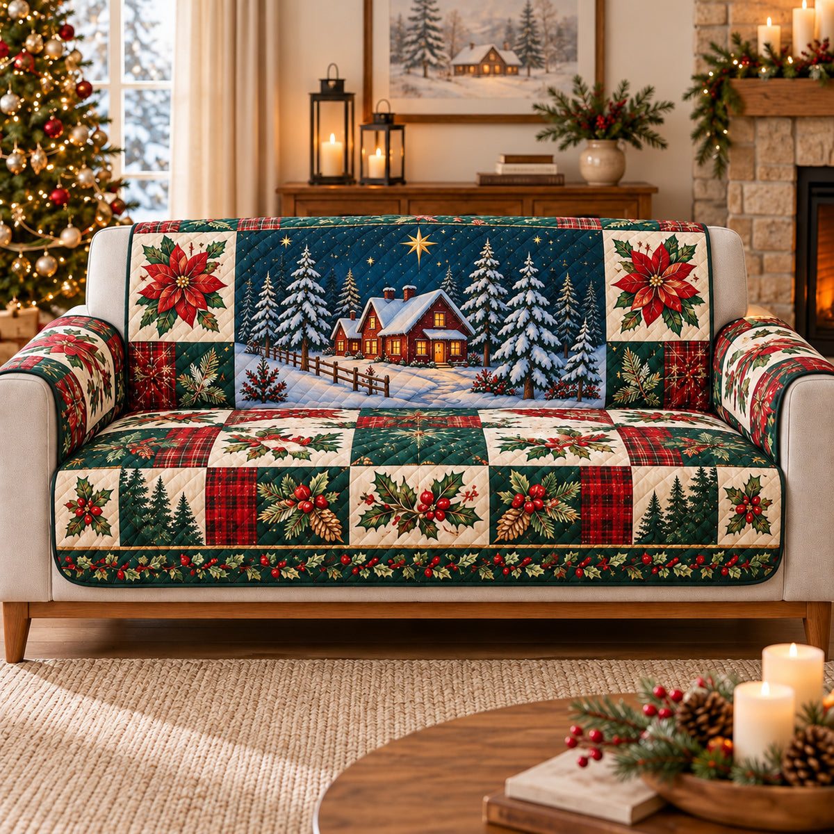 Poinsettia Cabin Evening Sofa Cover on a beige sofa, AI-generated concept mockup
